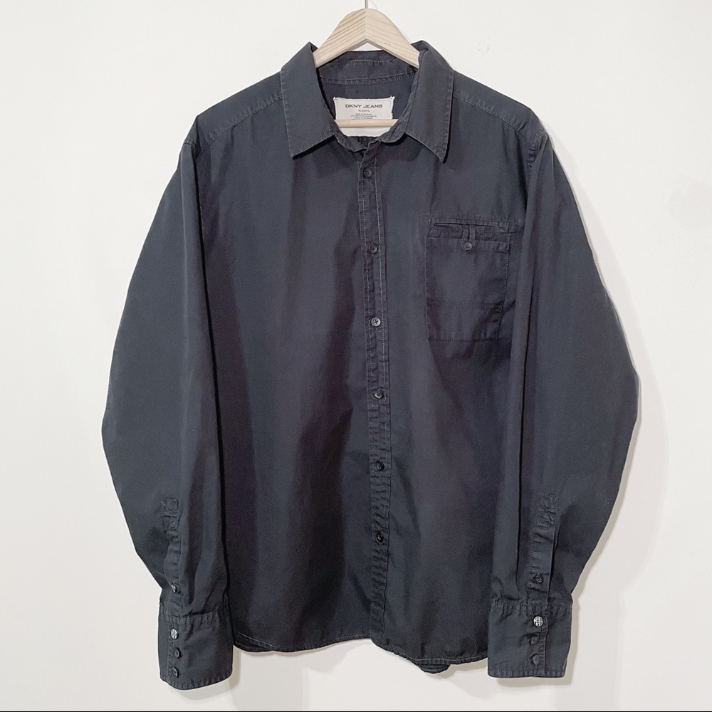 DKNY Mens Black Button Down Long Sleeve Shirt, Size XL